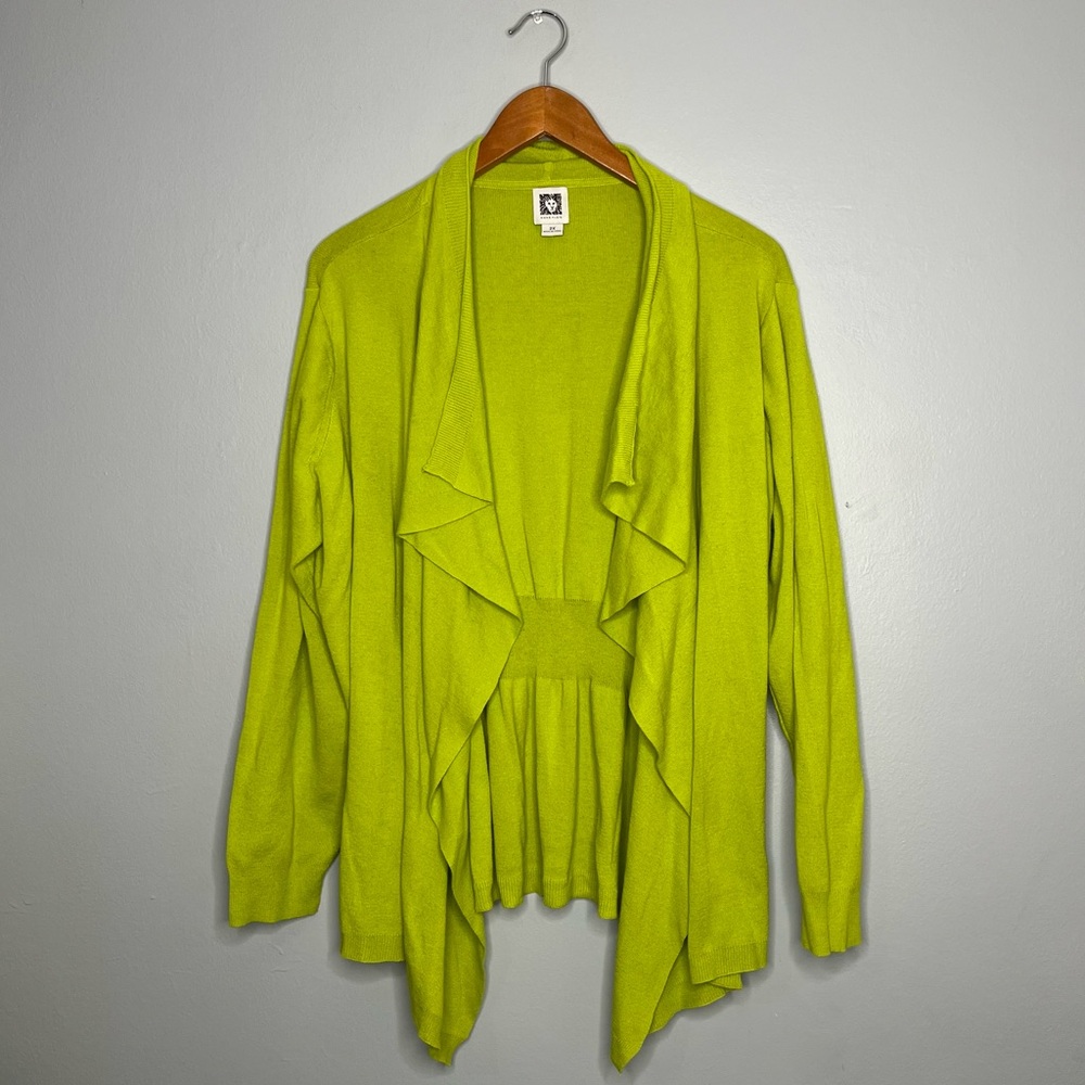 Anne Klein Cascading Open Front Chartreuse Green Cotton Cardigan Sweater Z
